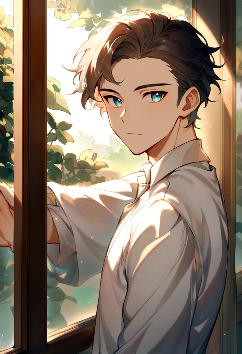 a young man with little beard, white shirt looking at the camera, nexto to a window, sunlihts