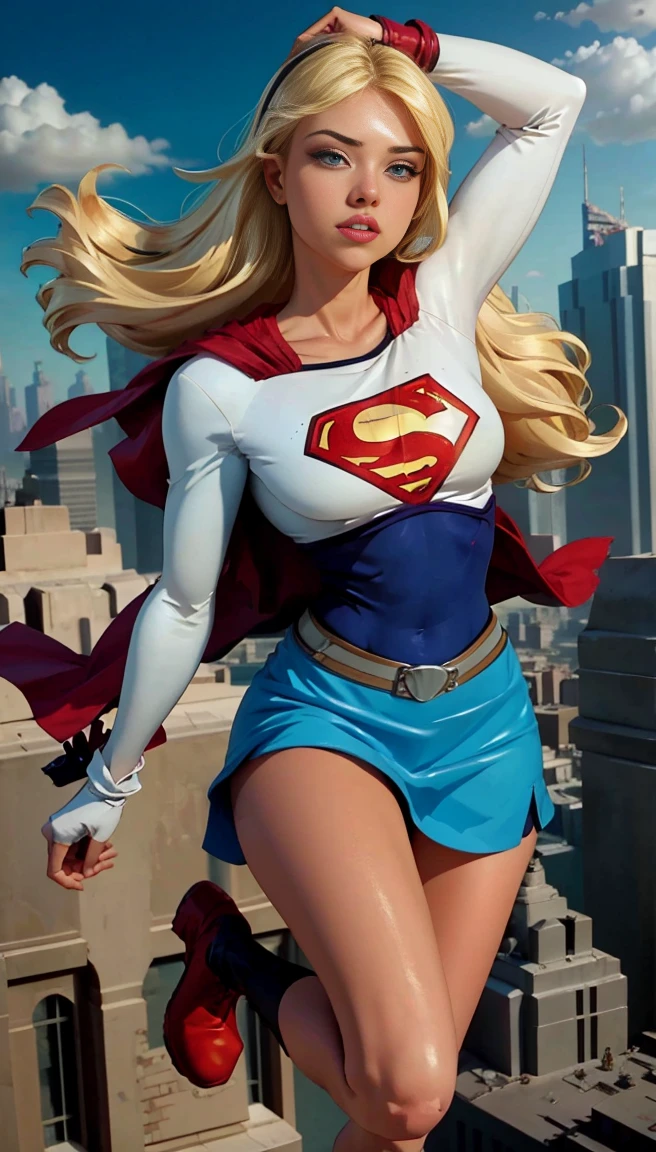 photo by full body (cowboy shot), sfw, (work of art), (best qualityer:1.0), (ultra high resolution:1.0), detailedeyes,
BREAK Supergirl, 1 girl, long blonde hair, mid-air, flying hair band, \(offwhite\) top cut, manga curta, layer, blue pencil skirt, mitts, BREAK boots
(clouds, citys, stunning vista)