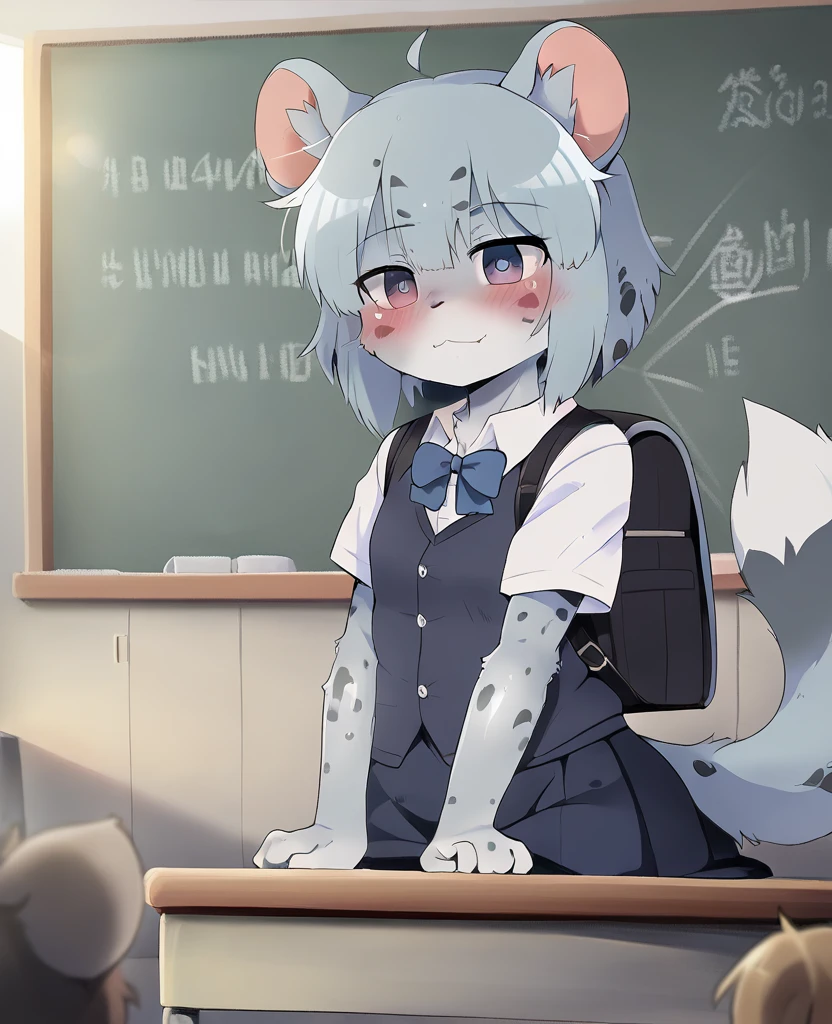 A young female hyena student in school uniform, sitting at a desk with a mischievous grin (Her spotted fur visible beneath her clothes，best quality, masterpiece, ultra-detailed, intricate, illustration, detailed lighting, rim lighting, volumetric lighting, motion blur, lens flare, 1 anthropomorphic character, hyena girl, school uniform, classroom, desk, textbooks, pencils, backpack, mischievous expression, spotted fur, fluffy tail, large ears, paw-like hands, classroom decorations, chalkboard, other students in background, playful atmosphere, 4k, hyper realistic