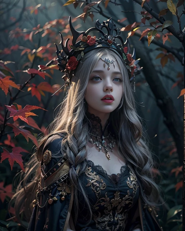 Highest quality, masterpiece, Attention to detail, Intricate details, Realistic, Mysterious Halloween woman with bright expression, Spooky atmosphere、Photographic images、Crown makeup