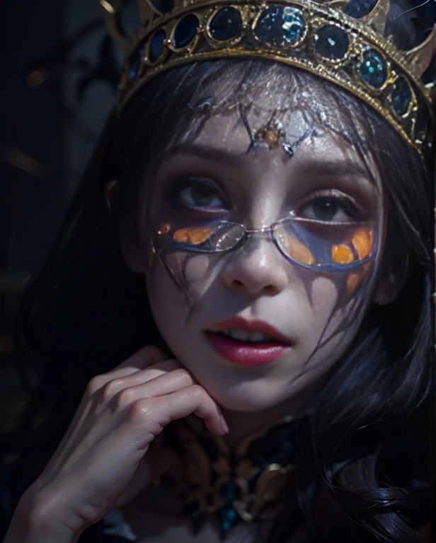 Highest quality, masterpiece, Attention to detail, Intricate details, Realistic, Mysterious Halloween woman with bright expression, Spooky atmosphere、Photographic images、Crown makeup