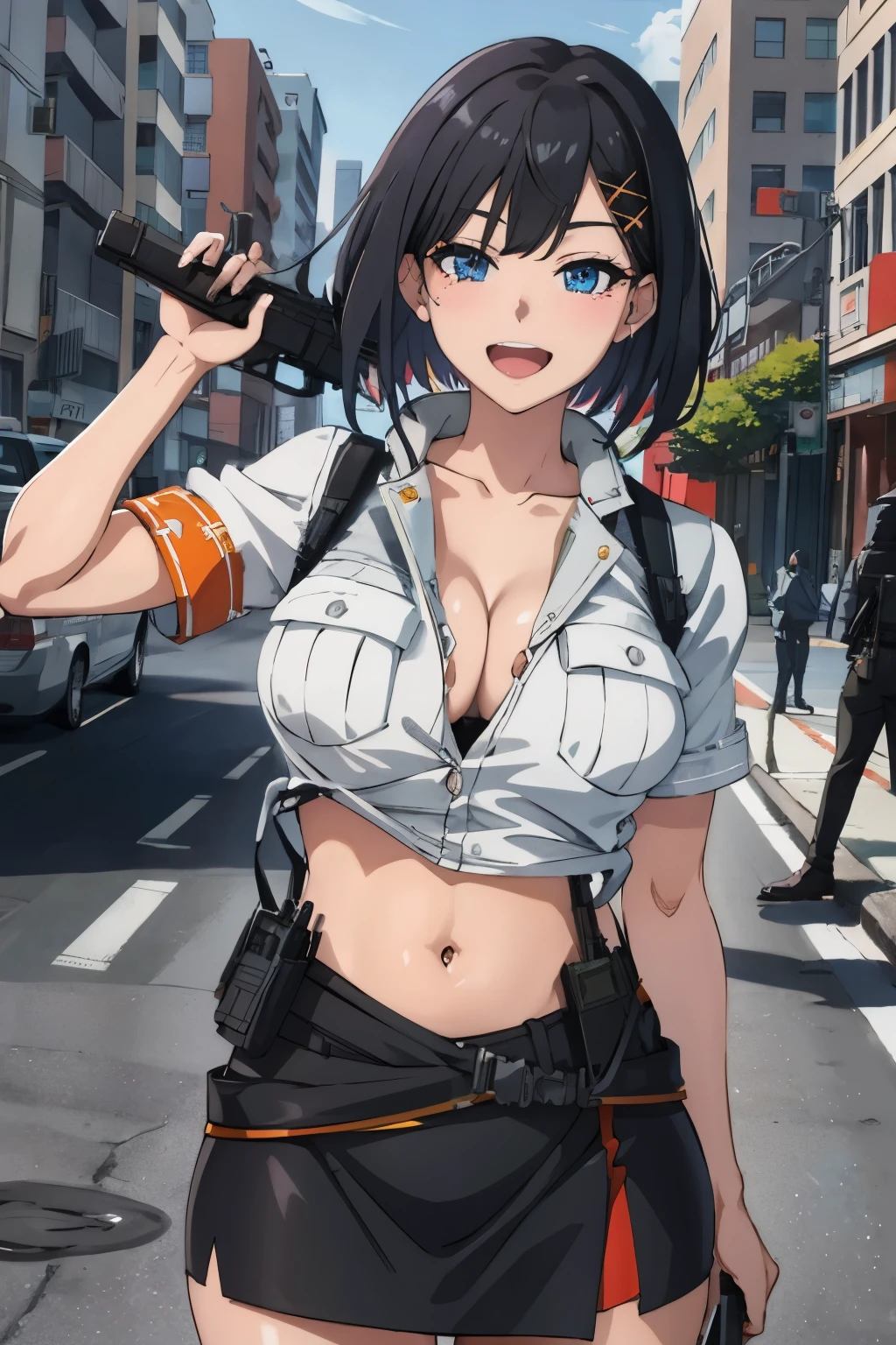 Siska, solo, long hair, blue eyes, black hair, hair ornament,  hairclip, mole, blush, lipstick, cityscape, building, masterpiece, best quality, highly detailed, a anime girls in police uniforms with a gun posing for a
picture, police outfit, military outfit, open mouth, cleavage, evil smile, smile, ecchi anime style, anime
girls, ecchi style, ecchi, digital anime art!!, in anime style, , (nsfw) not safe for work, official artwork,
visual novel cg, beautiful anime girl, anime style 4 k, micro pencil skirt, pencil skirt, micro skirt, exposed
belly, exposed navel, exposed midriff, exposed lower belly, holding a gun, , outdoor,street,road, next to police car, police car