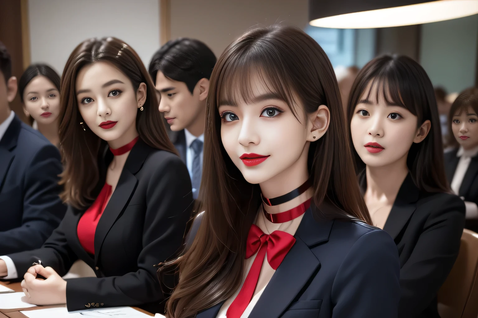 ((Highest quality, 8K, Representative works in detail, Ultra-high resolution)), (Looking at the audience), ((グラススクエアで話すFemale Employees)), Attractive woman, ((Big Breasts)),  smile, ((Black Choker)), Slim figure, (blue eyes), Long eyelashes, bangs, Beautiful shiny brown hair, Nogizaka idol, Slim face、((suit，uniform))、Dependents、Female Employees、((In a meeting))、Bright red lipstick、Elegant woman、Satin semi-transparent shirt，Noble