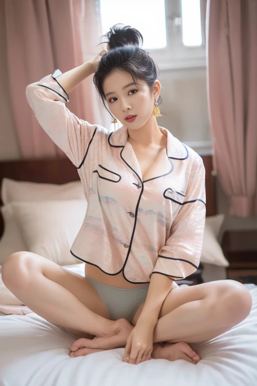 top Quority,Ultra-clear resolution, ((Beautiful Chinese aunt). Body. Sexy. Slim. Thin. Captivating. Make-up face. Ombre lipstick. Messy Bun. (Earrings-Earrings).
((Micro panties)), ((breasted button-up. pajama sleep shirt)), long legs_full body. Pose.erotic. sit down. On bed