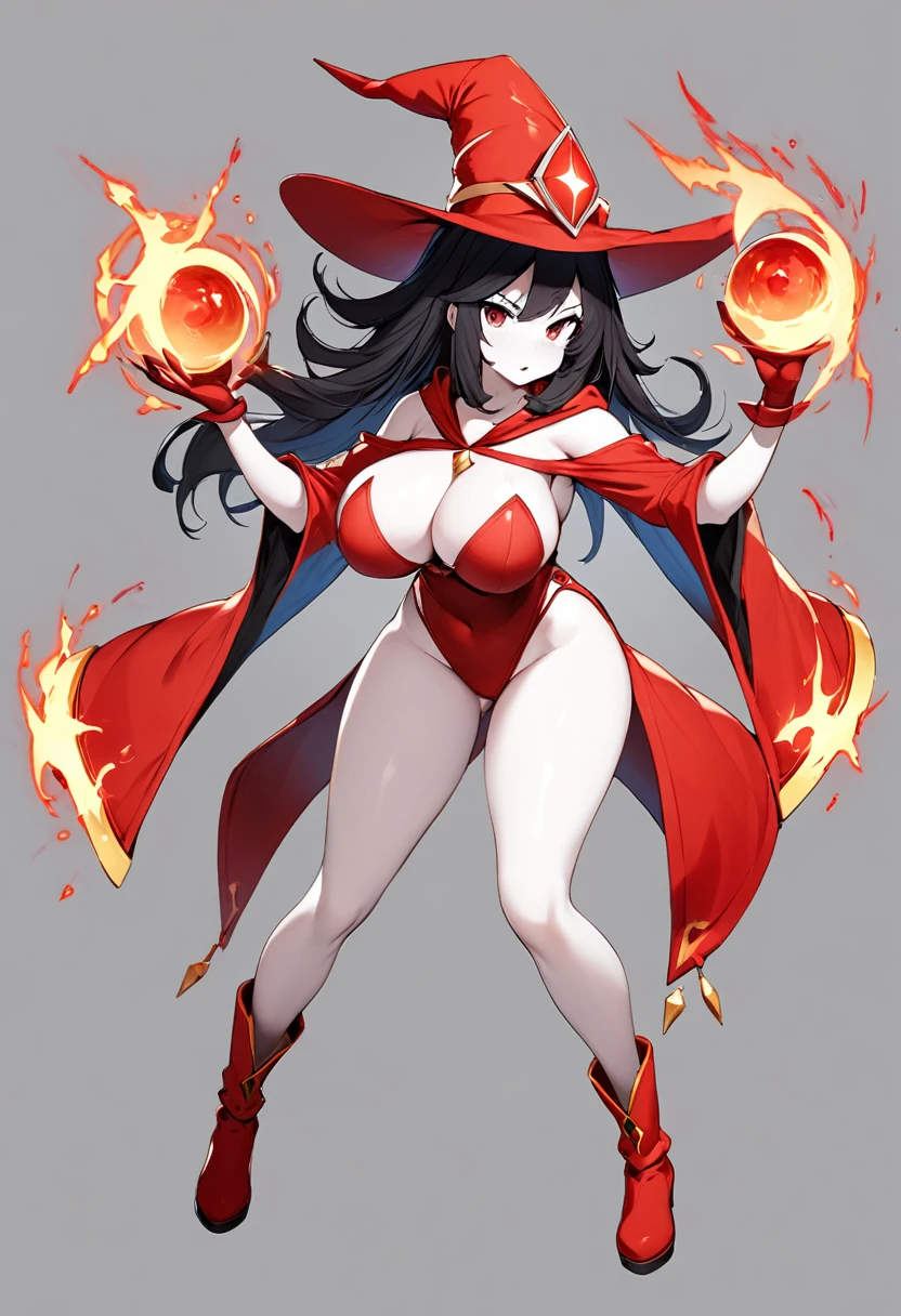 1girl, full body, long black hair, full body, skimpy red mage clothes, big d-cup breasts, round hips, white skin, blank gray background, mage attack pose