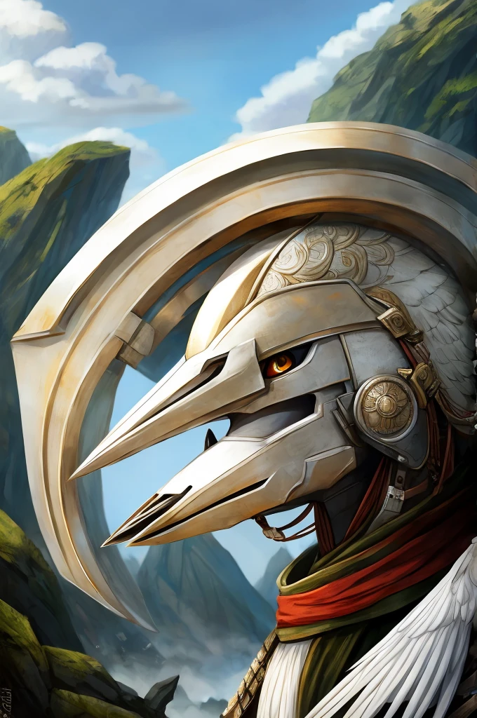 White heron prepared for war wearing a helmet 