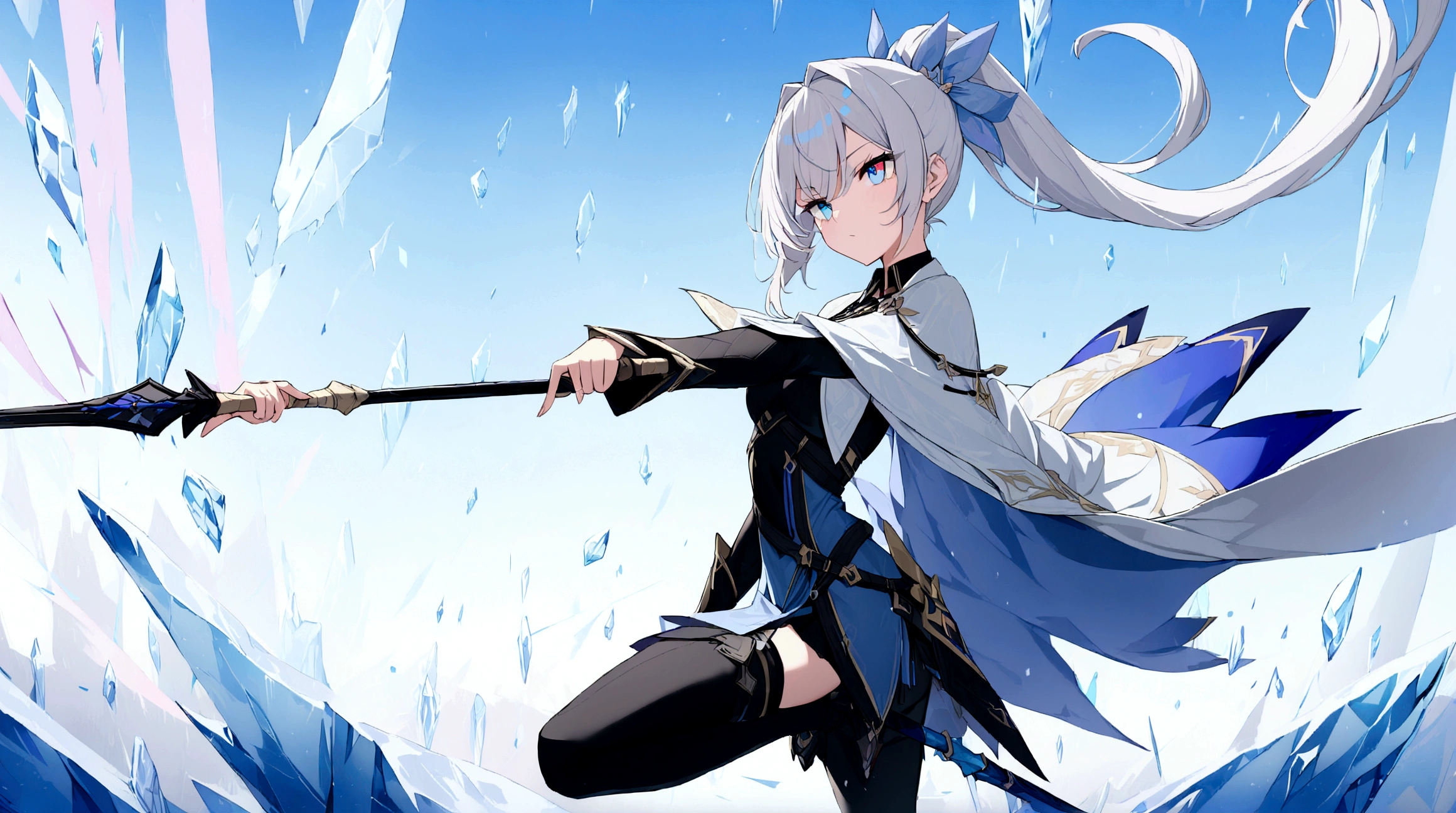 (1girl, Masterpiece, best quality) (detailed and beautiful eyes:1.6) (perfect hands, perfect anatomy) (full body)) Fierce warrior girl with long white hair in a high ponytail and striking red eyes. She wears sleek, modern armor in blue and black with gold and silver details, and a white, high-collared cape with blue and gold accents. She holds a long spear in her right hand and points forward with her left hand. The background should be an icy landscape with crystalline formations and a cold, blue sky, reflecting light off the ice for a mystical atmosphere. Capture her determined and focused expression, conveying a sense of readiness and strength.