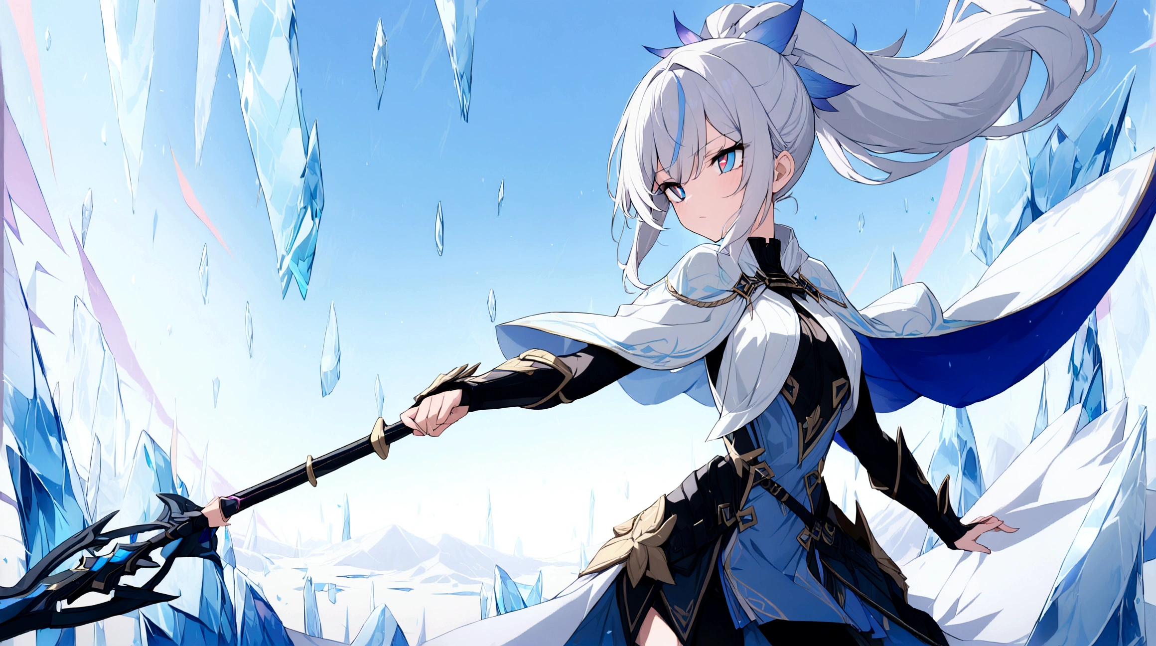 (1girl, Masterpiece, best quality) (detailed and beautiful eyes:1.6) (perfect hands, perfect anatomy) (full body)) Fierce warrior girl with long white hair in a high ponytail and striking red eyes. She wears sleek, modern armor in blue and black with gold and silver details, and a white, high-collared cape with blue and gold accents. She holds a long spear in her right hand and points forward with her left hand. The background should be an icy landscape with crystalline formations and a cold, blue sky, reflecting light off the ice for a mystical atmosphere. Capture her determined and focused expression, conveying a sense of readiness and strength.