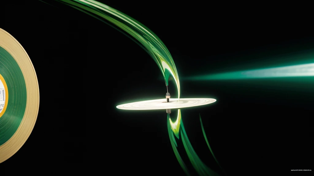 Poster Style,Green frosted background,Vinyl record combined with clock,The record is in the center of the screen.,Front view,Half vinyl record, half clock,Reflecting the sense of time and space,Golden text effect for English title on the right,There is a halo of light around the record similar to a black hole,Extremely high definition picture quality,quality,Real texture,No sense of space