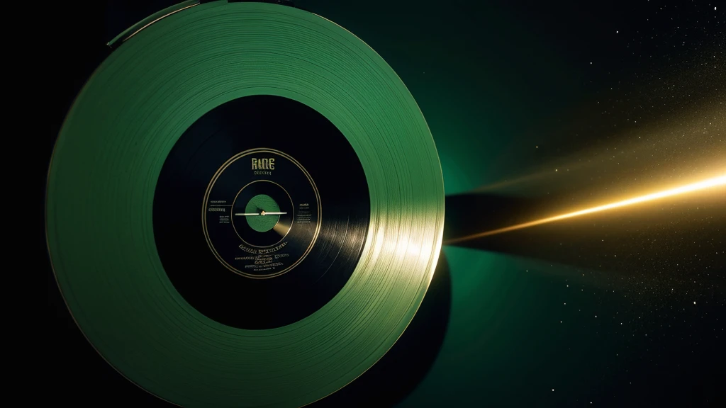 Poster Style,Green frosted background,Vinyl record combined with clock,The record is in the center of the screen.,Front view,Half vinyl record, half clock,Reflecting the sense of time and space,Golden text effect for English title on the right,There is a halo of light around the record similar to a black hole,Extremely high definition picture quality,quality,Real texture,No sense of space