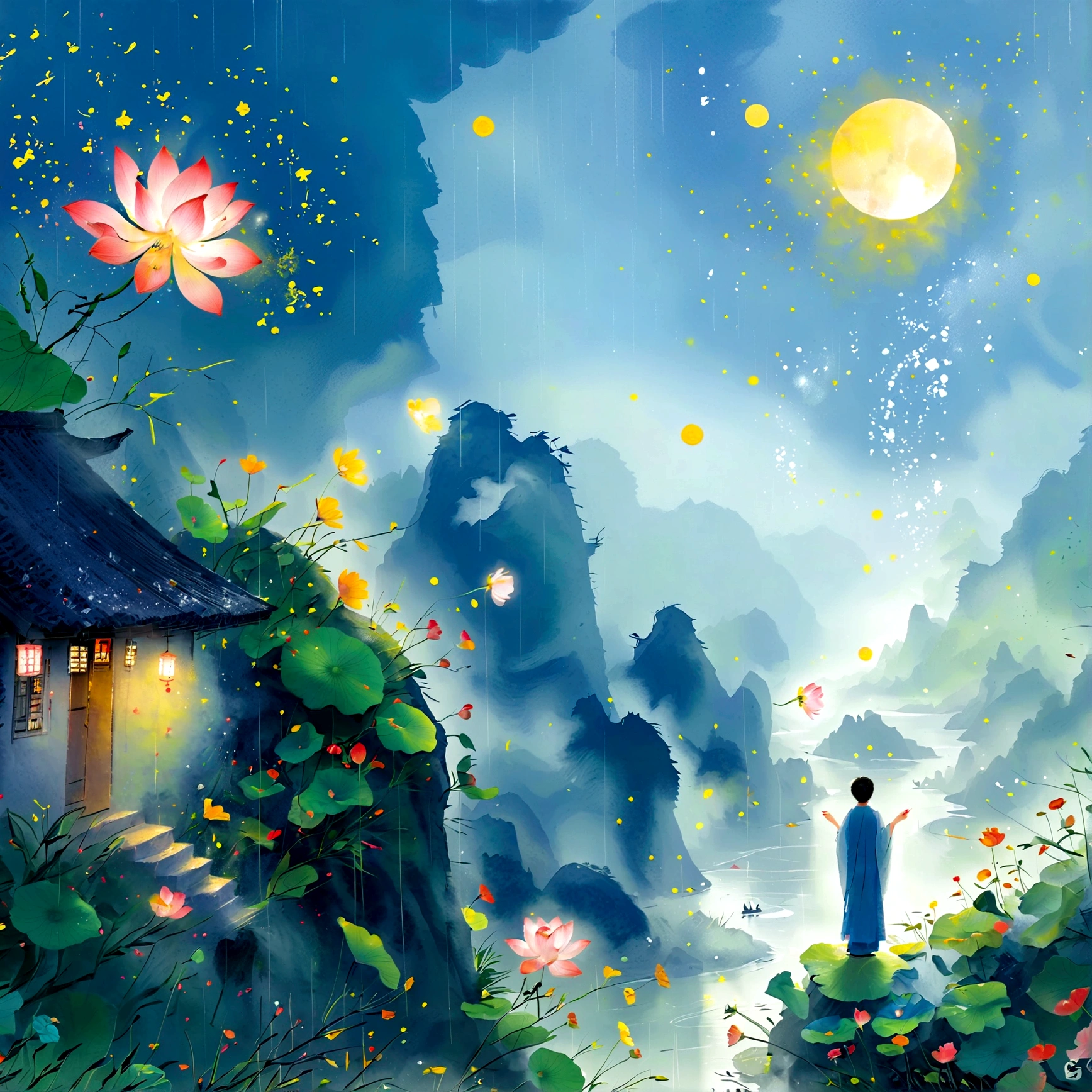 Cai Guorun's illustration style, 1 Girl, A woman in a long dress stands on a cliff,Looking at the stars, Space Goddess, Milky Way Goddess, Goddess of Heaven, Astral Ether, Dream, Beautiful celestial wizard, Beautiful fantasy painting, Beautiful fantasy art, Ethereal fantasy, Very Beautiful fantasy art, Digital Art Fantasy, Charming and otherworldly, Fantasy Beauty, The beautiful art of Octane UHD 8K rendering, Volumetric Light, 自然柔和的light, (Ultra-delicate:1.2, Loss of focus:1.2, rich and colorful, light, Ray Tracing), Super rich, Extremely detailed, 1cgrssh1, Chiaroscuro, masterpiece, 8K