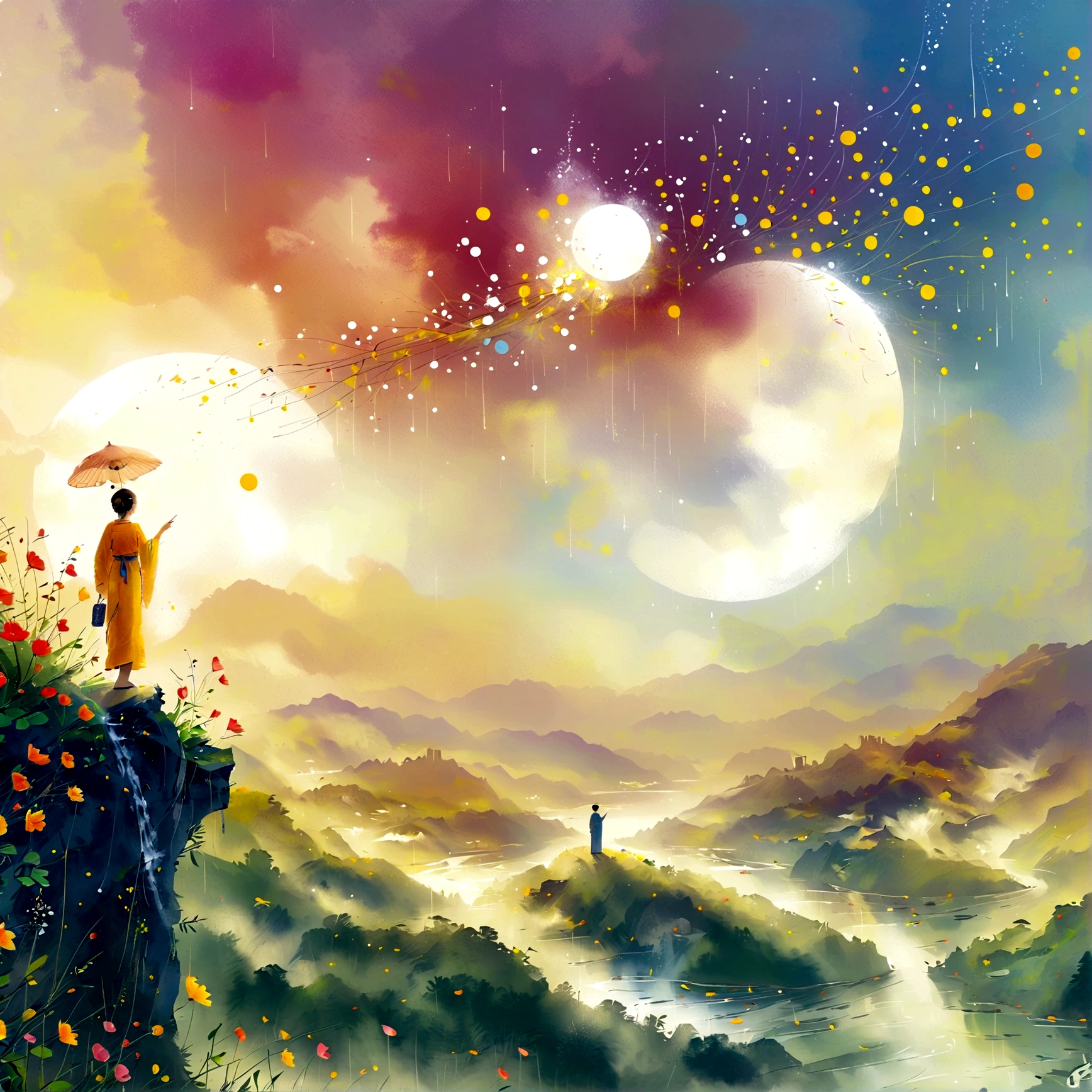 Cai Guorun&#39;s illustration style, 1 Girl, A woman in a long dress stands on a cliff，Looking at the stars, Space Goddess, Milky Way Goddess, Goddess of Heaven, Astral Ether, Dream, Beautiful celestial wizard, Beautiful fantasy painting, Beautiful fantasy art, Ethereal fantasy, Very Beautiful fantasy art, Digital Art Fantasy, Charming and otherworldly, Fantasy Beauty, The beautiful art of Octane UHD 8K rendering, Volumetric Light, 自然柔和的light, (Ultra-delicate:1.2, Loss of focus:1.2, rich and colorful, light, Ray Tracing), Super rich, Extremely detailed, 1cgrssh1, Chiaroscuro, masterpiece, 8K