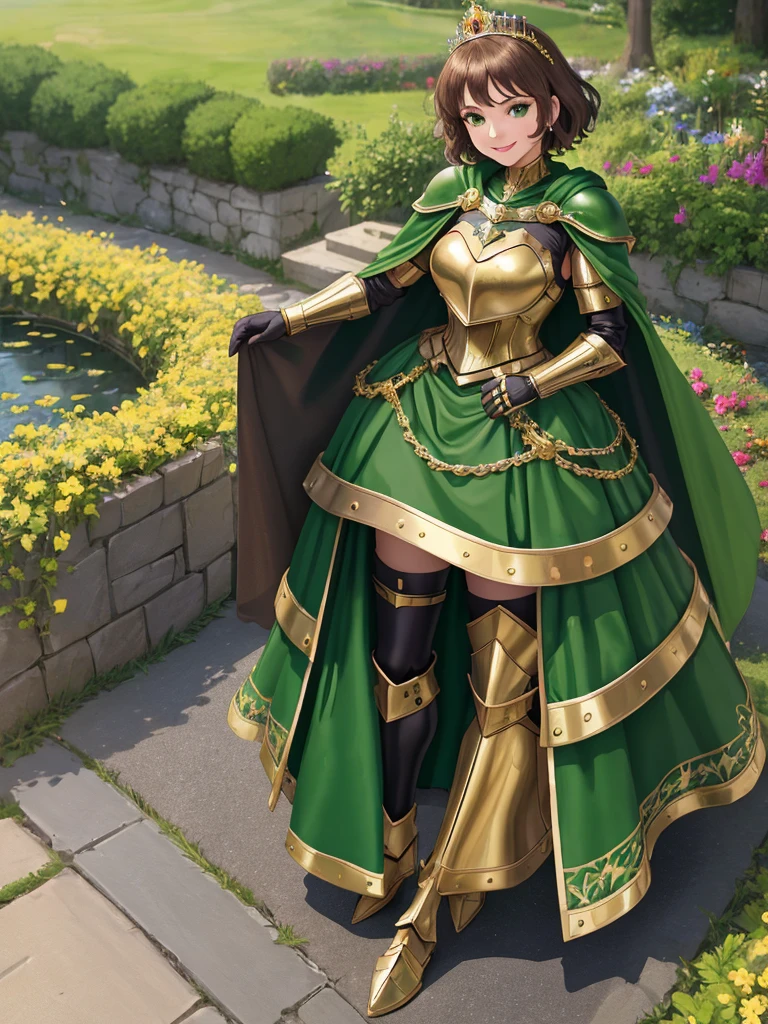 masterpiece, best quality:1.2), 1girl, smile, looking at viewer, green eyes, short brown hair, princess, armor, , pauldrons, armored dress, green cloak cape, wearing puffy blue ballgown skirt, golden tiara with green gem, armored boots, fingerless gloves, standing in medieval garden