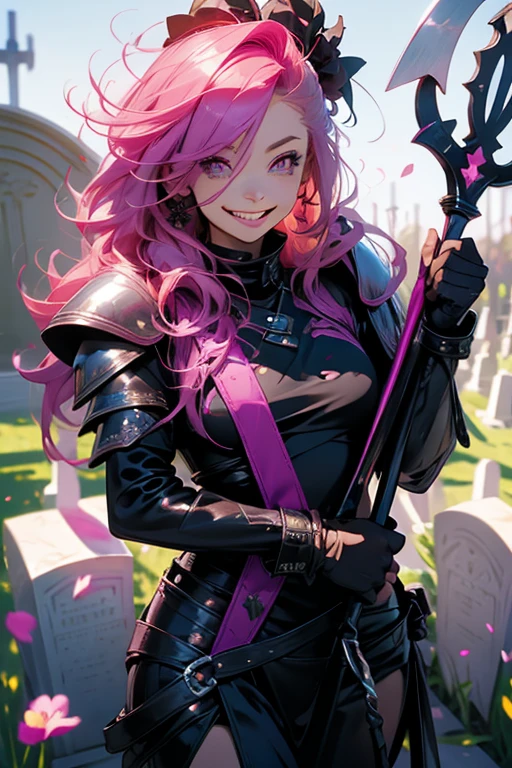 A pink haired reaper with violet eyes with an hourglass figure in leather armor is smiling while leaning forward with a smile with her scythe in a flurry of peony petals in a cemetery
