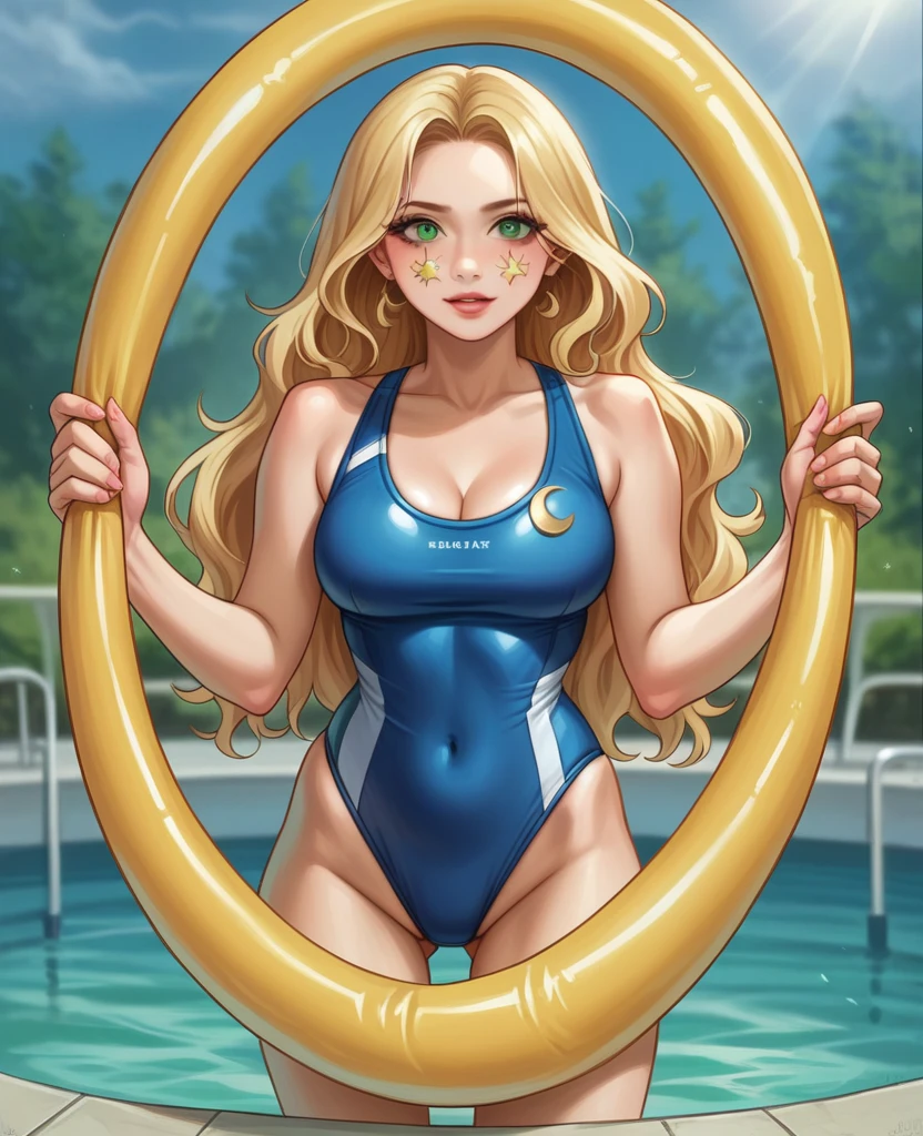 (masterpiece, best quality:1.2), (absurdres, highres, ultra-detailed), (perfect anatomy),
Beautiful woman、Night Pool、Riding on a cute float、Blonde、Fluffy longhair、Yellow-green eyes、Background glitter、night、Crescent Moon、heart、White frilly swimsuit
(8K, RAW photo:1.2),detailed face and eyes,intricate detail ,masterpiece ,sharp focus, high quality,BREAK,rating: general, newest