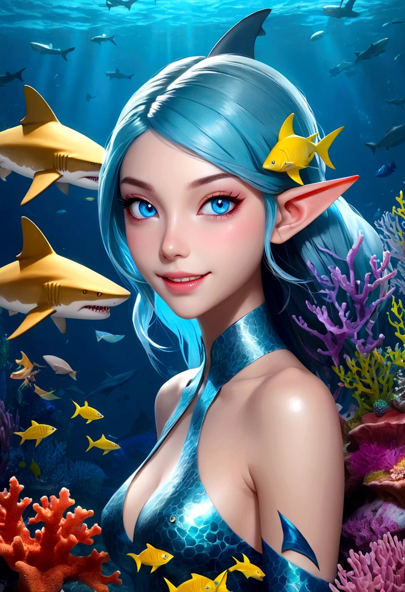 Fantasy Undersea,Shark elf girl has a shark-like appearance,blue eyes,Sharp fangs,Squamous skin, Shark fin feature on back,Perfect proportion, Beautiful Body,View from behind,,Floating in seaweed underwater fantasy scene, coral, And tropical fish, Detailed and realistic 3D rendering, light, Bright colors, Concept art style