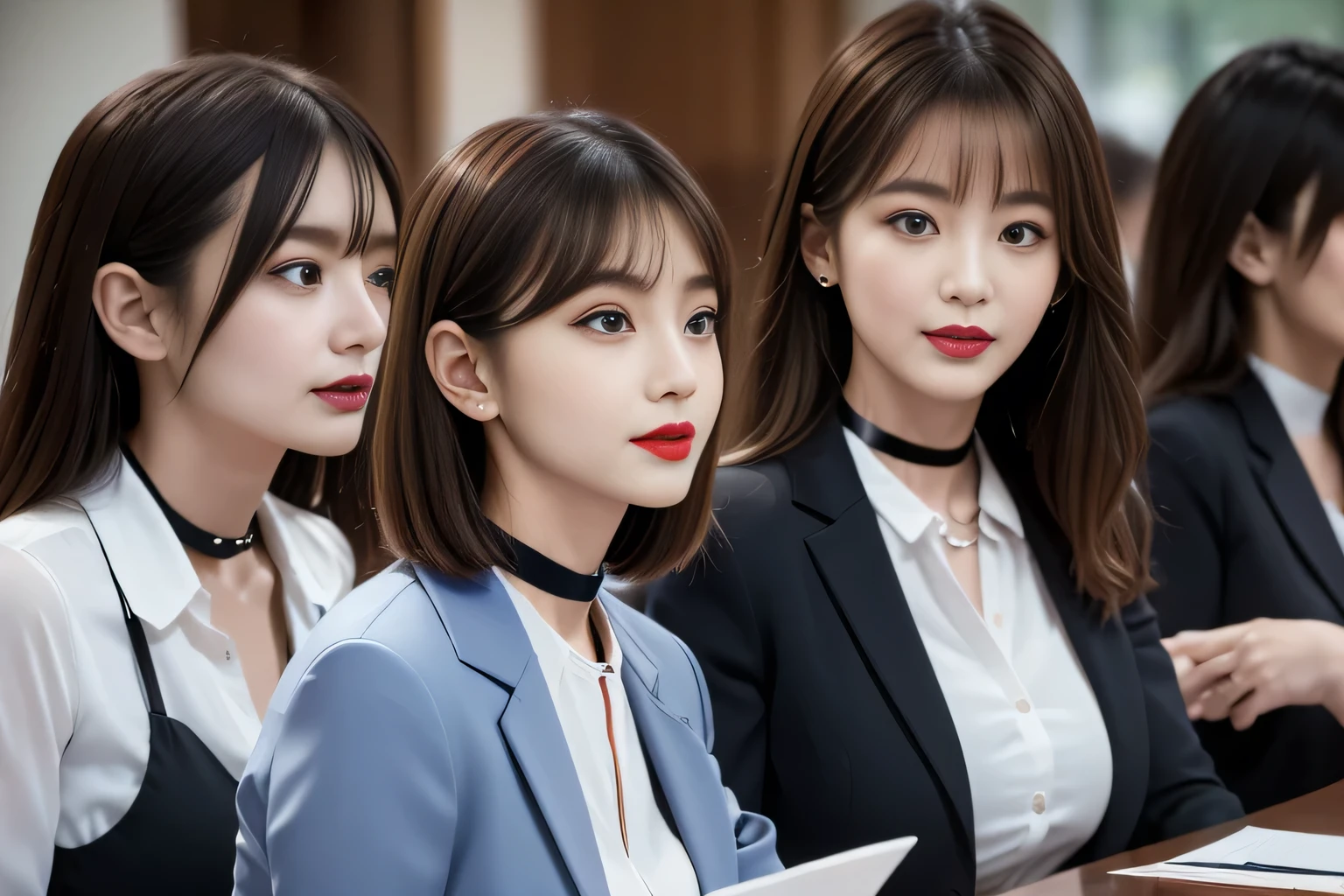 ((Highest quality, 8K, Representative works in detail, Ultra-high resolution)), (Looking at the audience), ((グラススクエアで話すFemale Employees)), Attractive woman, ((Big Breasts)), smile, ((Black Choker)), Slim figure, (blue eyes), Long eyelashes, bangs, Beautiful shiny brown hair, Nogizaka idol, Slim face、((suit,uniform))、Dependents、Female Employees、((In a meeting))、Bright red lipstick、Elegant woman,Noble