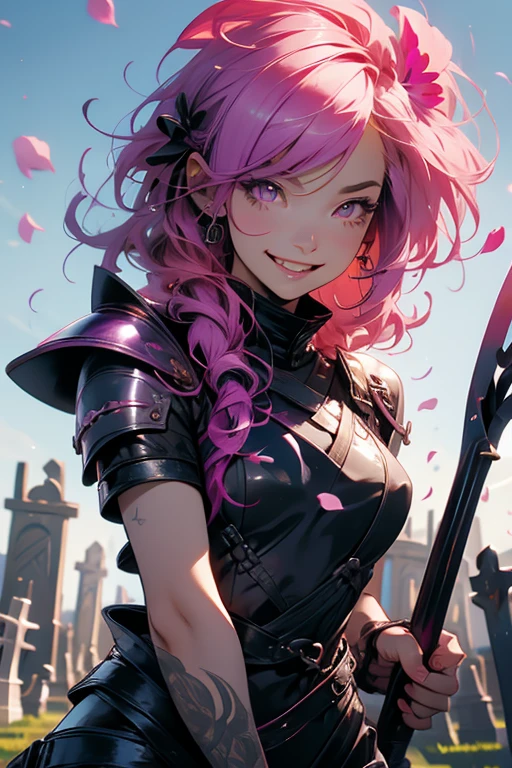 A pink haired reaper with violet eyes with an hourglass figure in leather armor is smiling while leaning forward with a smile with her scythe in a flurry of peony petals in a cemetery