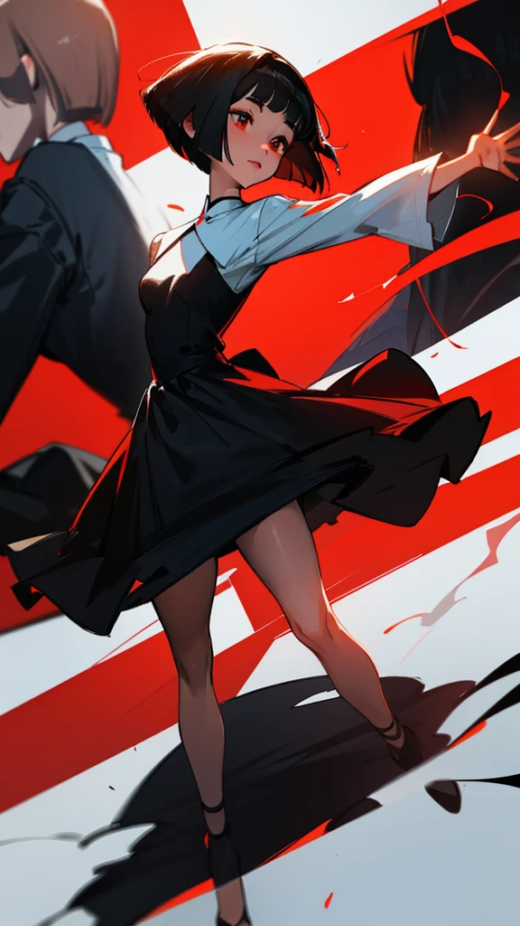 Medium Bob cut hairstyle, dark red hair, red eyes, Wearing a women 's dress, 16 years. , zoom out, camera angel hero view -15°. are dancing with. with man 24 years elegant black suit, black hair, red eye.