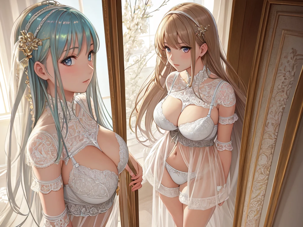 (Masterpiece), (Best Quality), (Extremely Detailed),(Illustration), (1 Girl), (lingerie), Standing, Looking at Viewer, (Interview), (Simple Background) ,Beautiful, detailed eyes, delicate beautiful face, floating, (high saturation), hair. Girl, anime waifu, looking at viewer, highly detailed, reflections transparent iridescent colors, long transparent iridescent RGB hair, beautiful holy girl, best quality, extremely detailed, sexy, (big breasts:1.2), waifu,