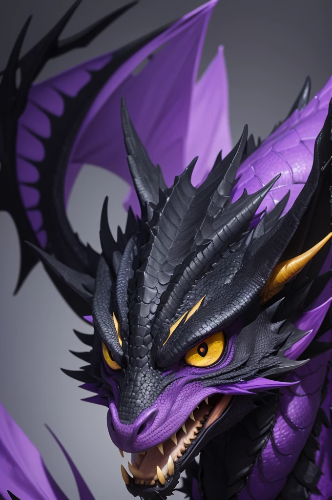 A large black and purple dragon with yellow eyes