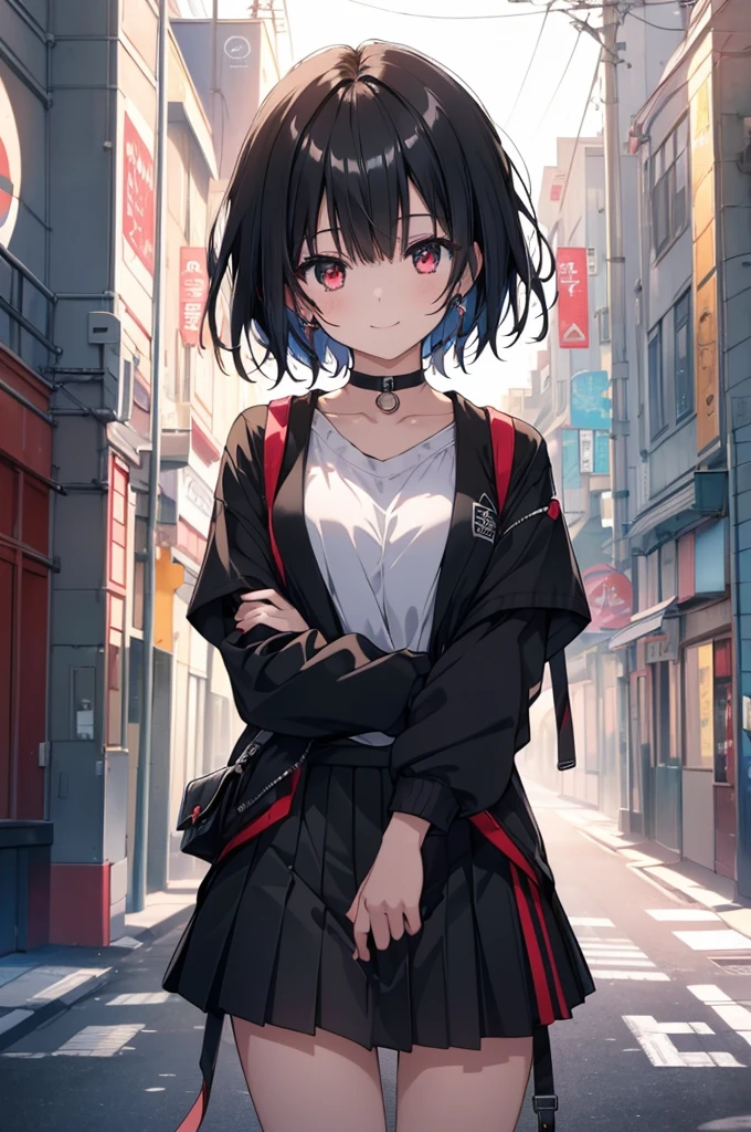 (masterpiece, highest quality, highest quality, (No text), Beautiful and aesthetic:1.2),No text,アニメ、BREAK,One Girl,Black Hair Girl short hair older sister choker Tree Eyes Beautiful eyes Red eyes cool smile Red and Black Black jacket mini skirt whole body In town