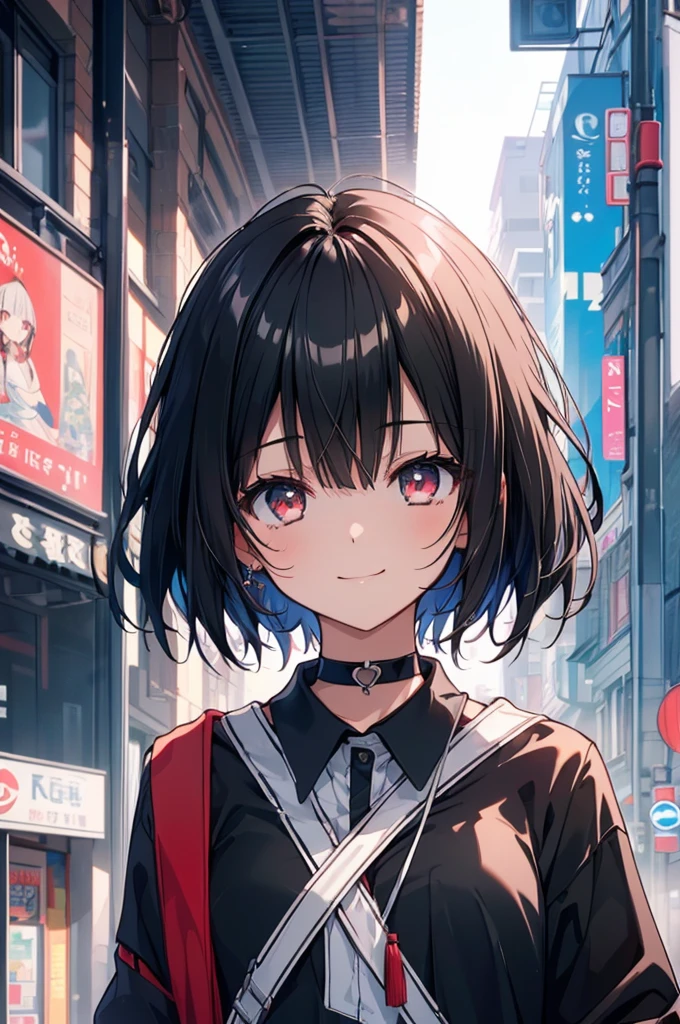 (masterpiece, highest quality, highest quality, (No text), Beautiful and aesthetic:1.2),No text,アニメ、BREAK,One Girl,Black Hair Girl short hair older sister choker Tree Eyes Beautiful eyes Red eyes cool smile Red and Black Black jacket mini skirt whole body In town