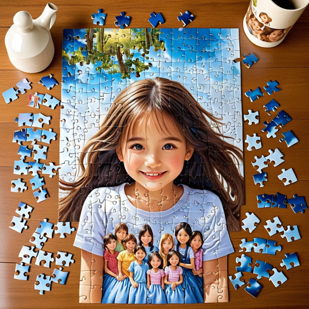 a ultra realistic beautiful photograph, A 500-piece jigsaw puzzle spread out on a table. As each piece is put together, the image of a girl gradually emerges. Her smile, eyes, hair color, and clothing design… everything is depicted in detail. With each completed puzzle, the story of the girl becomes a little clearer.