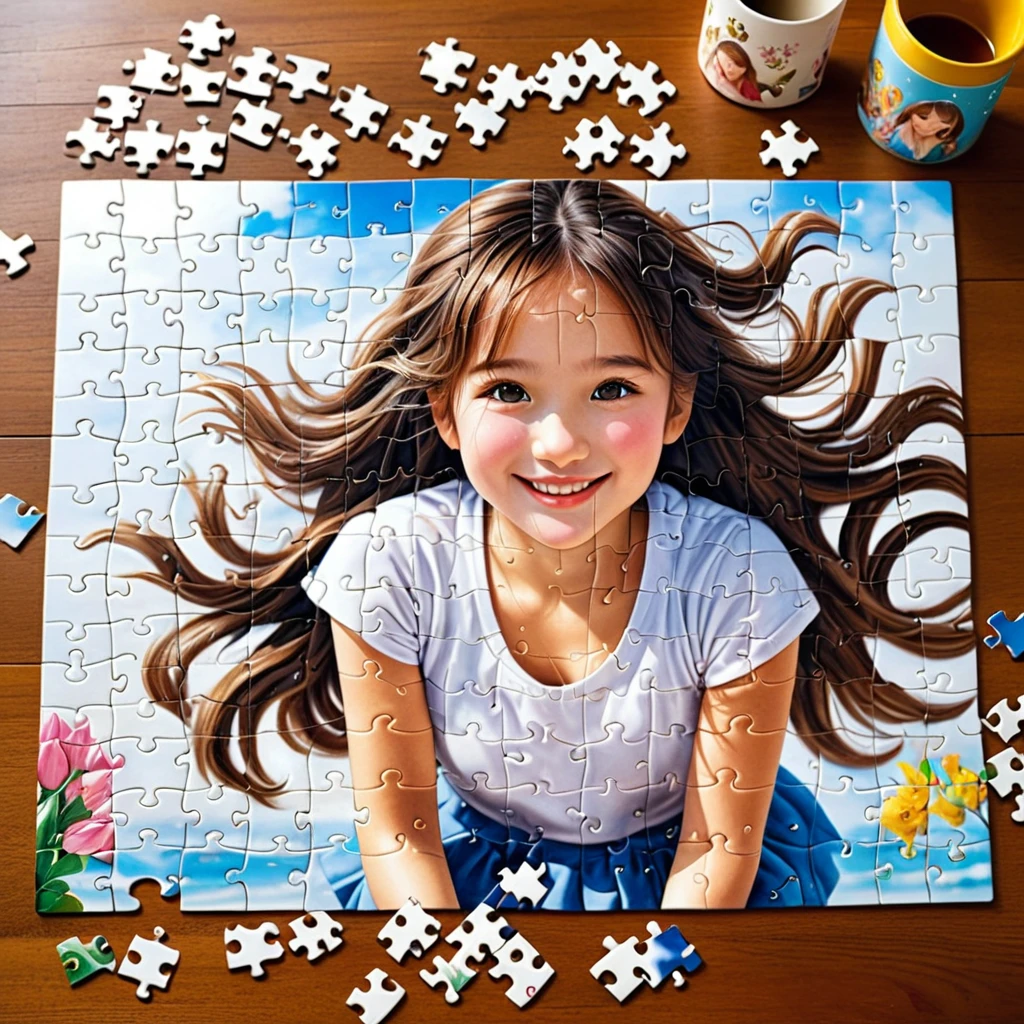 a ultra realistic beautiful photograph, A 500-piece jigsaw puzzle spread out on a table. As each piece is put together, the image of a girl gradually emerges. Her smile, eyes, hair color, and clothing design… everything is depicted in detail. With each completed puzzle, the story of the girl becomes a little clearer.