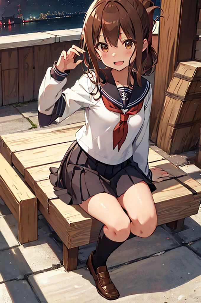 Highest quality, Tabletop, High resolution, 一人in, {inazuma_Fleet Collection:1.15}, brown_hair, Folded_ponytail, brown_eye, Seraphim, length_hair, red面, Open_mouth, smile, One Girl, anchor_symbol, black_skirt, length_sleeve, look up_in_Audience, neckerchief, Pleats_skirt, red_neckerchief, Sailor_collar, School_uniform, skirt,