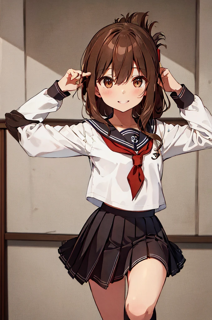 Highest quality, Tabletop, High resolution, 一人in, {inazuma_Fleet Collection:1.15}, brown_hair, Folded_ponytail, brown_eye, Seraphim, length_hair, red面, Open_mouth, smile, One Girl, anchor_symbol, black_skirt, length_sleeve, look up_in_Audience, neckerchief, Pleats_skirt, red_neckerchief, Sailor_collar, School_uniform, skirt,