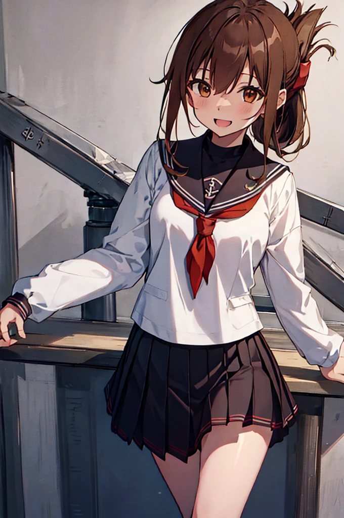 Highest quality, Tabletop, High resolution, 一人in, {inazuma_Fleet Collection:1.15}, brown_hair, Folded_ponytail, brown_eye, Seraphim, length_hair, red面, Open_mouth, smile, One Girl, anchor_symbol, black_skirt, length_sleeve, look up_in_Audience, neckerchief, Pleats_skirt, red_neckerchief, Sailor_collar, School_uniform, skirt,