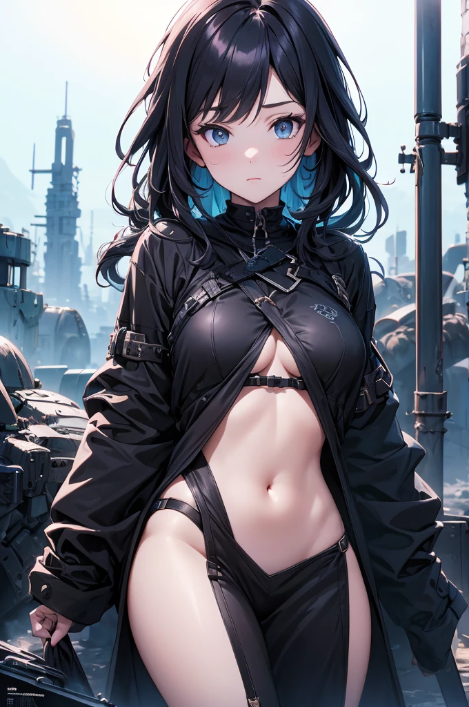 atmosfera dark black the noite chuvoso sombria in anime 4D tinta óleo A post-apocalyptic Fallout-themed magazine cover illustration power fenix girl very sexy Arlequina+ Elza frozen ice power immersed in the resplendence of the setting sun, in surreal Ghibli-style watercolor, she finds her gaze projected towards a color-saturated cityscape on the horizon, aesthetic elements borrowed from the likes of urban flora emerging sparsely suggesting an atmosphere of desolation yet intriguing, motion stilled