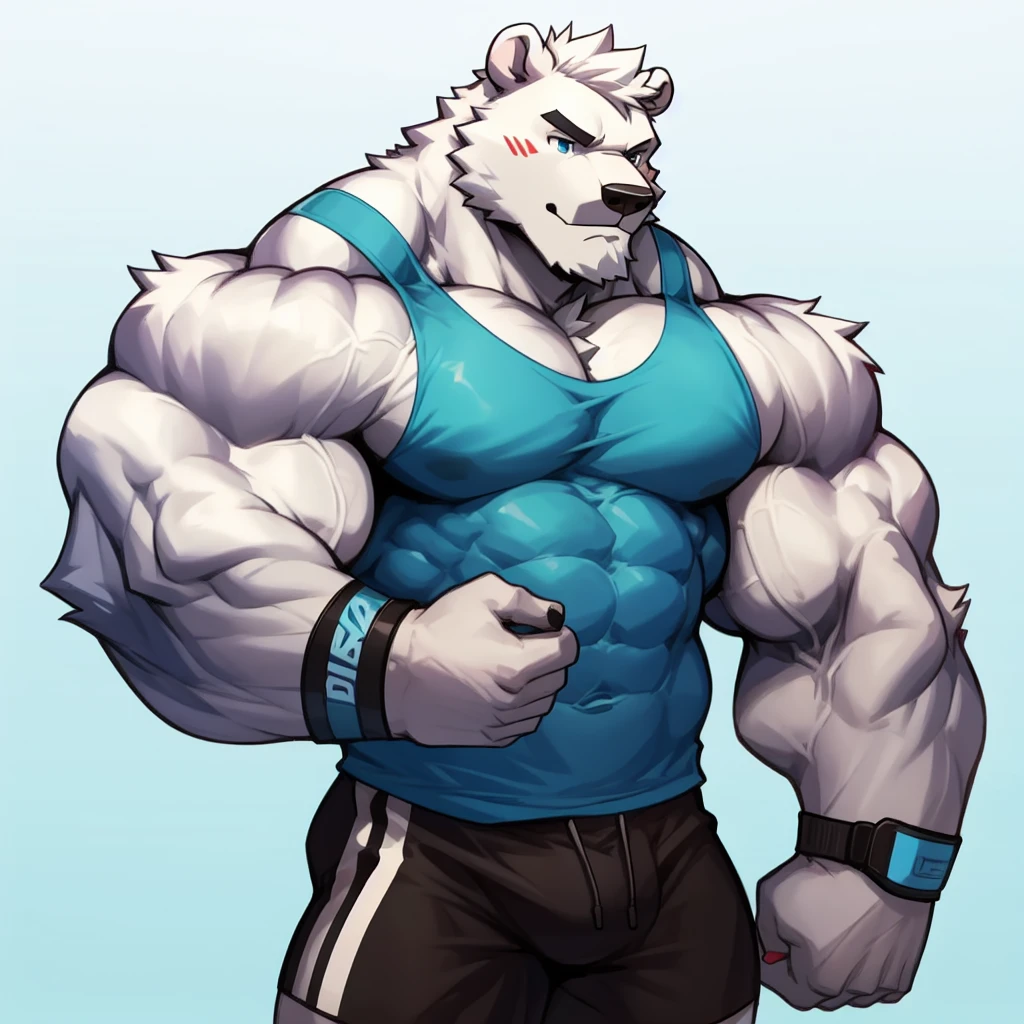 solo, 1boy, Huge Muscular White Polar Bear wearing glasses, huge white fur, pectoral, huge pectoral, wide pectoral, short white hair, blue colored gym short pants, blue colored wristbands and blue colored tank top, white bearded, white Mustache, white fur, simple background, masterpiece, high detailed, 8k, high resolution, at the gym, flexes huge muscles
