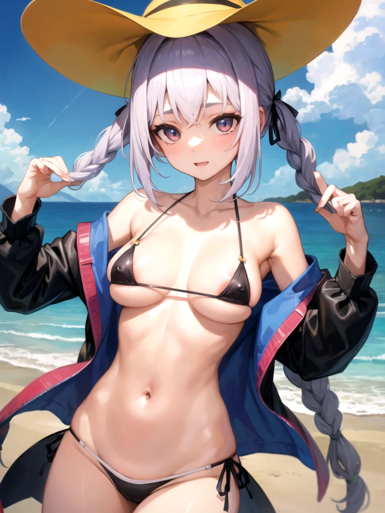 One girl, alone, Highest quality, masterpiece, Beach, Micro Bikini, Nipple slip, Nipples that seem to be visible