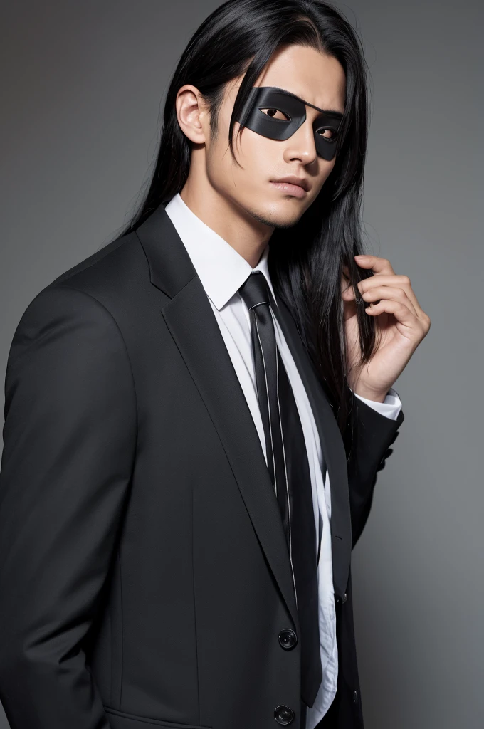 A handsome young man with long black hair and an eyepatch suit