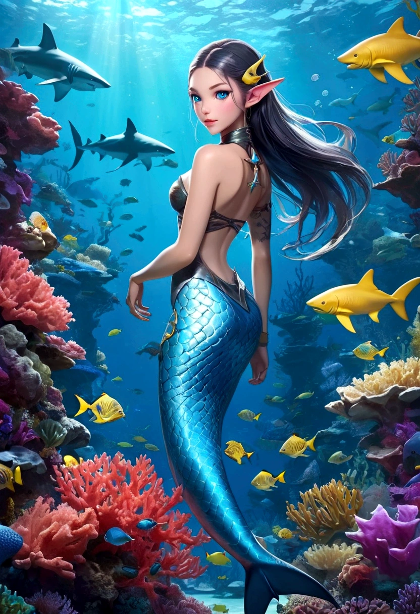 a teenage boy magically transformed into a cute mermaid, gender bending, anime style, beautiful detailed pink eyes, long flowing black hair, happy expression, long and detailed mermaid tail with pink shimmering scales, cute shell bra, detailed intricate scales, glowing bioluminescent skin, golden accents,pair of fish gills on her torso, checking her new body,underwater world,colorful coral reef,magical underwater lighting,vivid colors,breathing underwater,endless ocean depths,sunlight filtering through the water,joyful expression,playful mermaid poses,floating gracefully,serene and peaceful environment,sparkling water,water reflections,ethereal atmosphere,subtle glow,whimsical and enchanting,mythical creatures,curious marine life,seaweed,seashells,blissful transformation,fantastical ocean adventure,beauty of the ocean depth soft warm lighting, pastel colors, detailed ocean background, fantasy, magical realism, highly detailed, 8k, photorealistic, vibrant colors