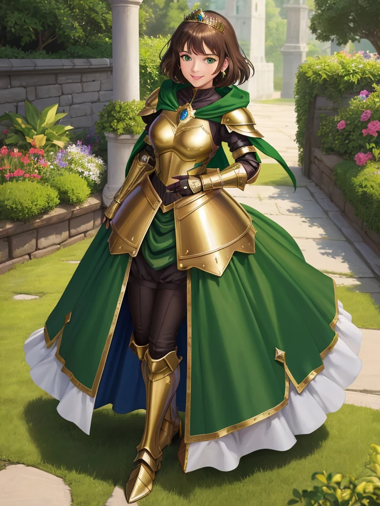 masterpiece, best quality:1.2), 1girl, smile, looking at viewer, green eyes, short brown hair, princess, armor, , pauldrons, armored dress, green cloak cape, wearing puffy blue ballgown skirt, golden tiara with green gem, armored boots, fingerless gloves, standing in medieval garden
