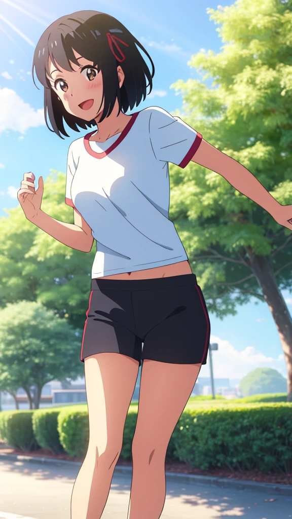 shinkai makoto, kimi no na wa., 1girl, bangs, black hair, blush, bright eyes, brown eyes, looking at the viewer, red headband, casual clothes, white t-shirt, black shorts, short hair, medium breasts, solo, day, outdoors, shinny skin, smile, happy, :D, blue_sky, sunlight, summer_season, scenery park, jogging, wind, tree