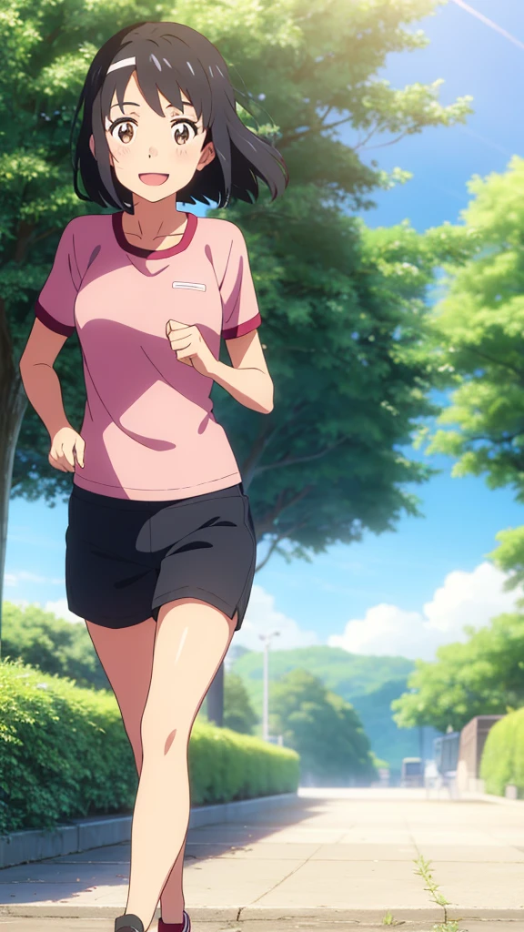 shinkai makoto, kimi no na wa., 1girl, bangs, black hair, blush, bright eyes, brown eyes, looking at the viewer, red headband, casual clothes, white t-shirt, black shorts, short hair, medium breasts, solo, day, outdoors, shinny skin, smile, happy, :D, blue_sky, sunlight, summer_season, scenery park, jogging, wind, tree