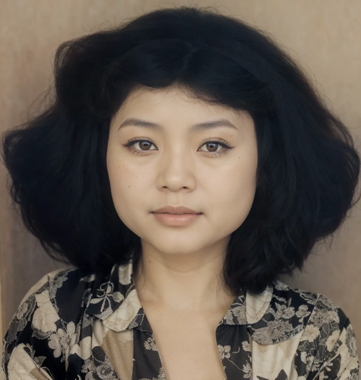 A 40-year-old Asian woman with fluffy semi-curly hair, wearing a black and white batik shirt, the image is very detailed down to the macro details, very realistic, perfect coloring, a very extraordinary masterpiece