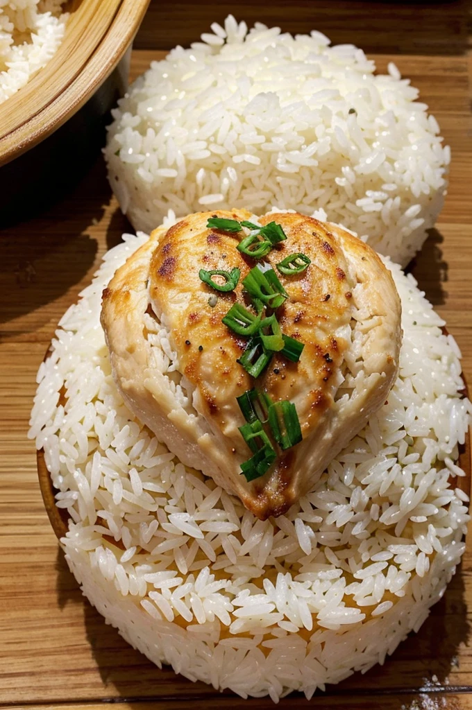 photorealistic,steamed rice topped with chicken,Put on the table,Looks delicious,Very delicious,Have lunch,realistically,sharp.