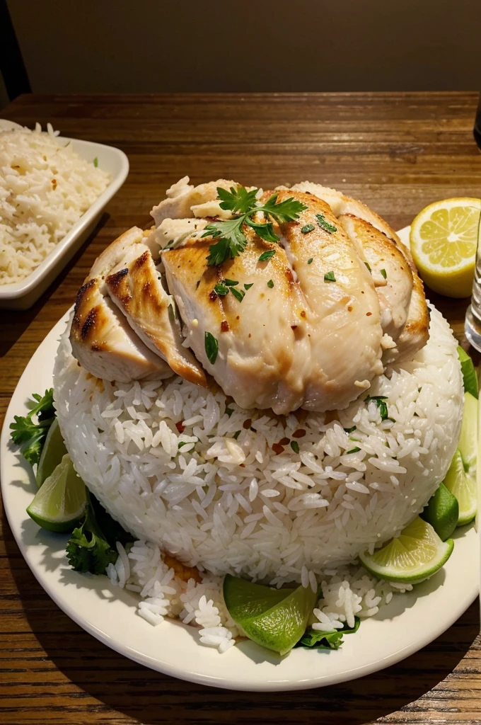 photorealistic,steamed rice topped with chicken,Put on the table,Looks delicious,Very delicious,Have lunch,realistically,sharp.