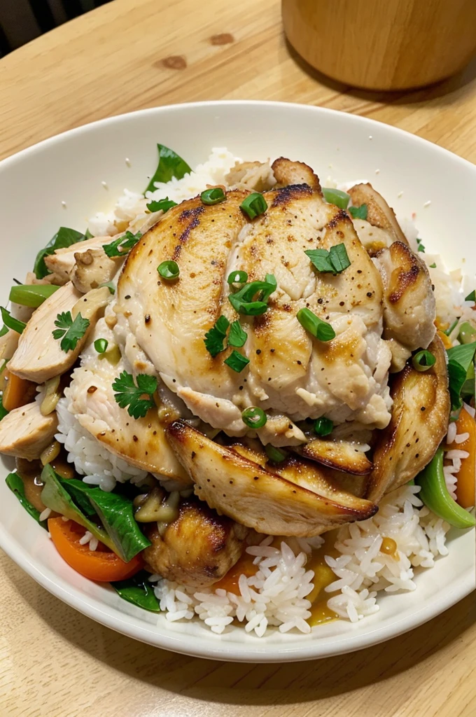 photorealistic,steamed rice topped with chicken,Put on the table,Looks delicious,Very delicious,Have lunch,realistically,sharp.