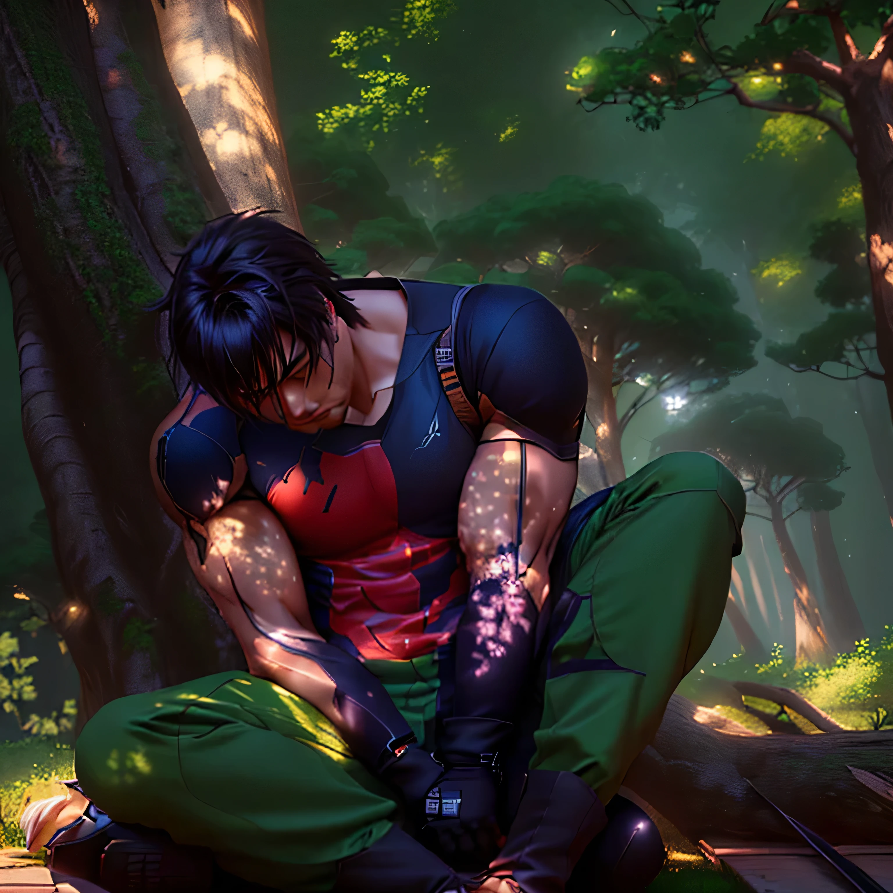 anime - style image of a man sitting on the ground in front of a tree, resting after a hard fight, kinematics, video game kinematics, anime lush john 8k woods, painted in anime painter studio, immensely detailed scene, made with anime painter studio, advanced digital anime art”, heavy vignette!, little detailed. digitalpainting, art admirer