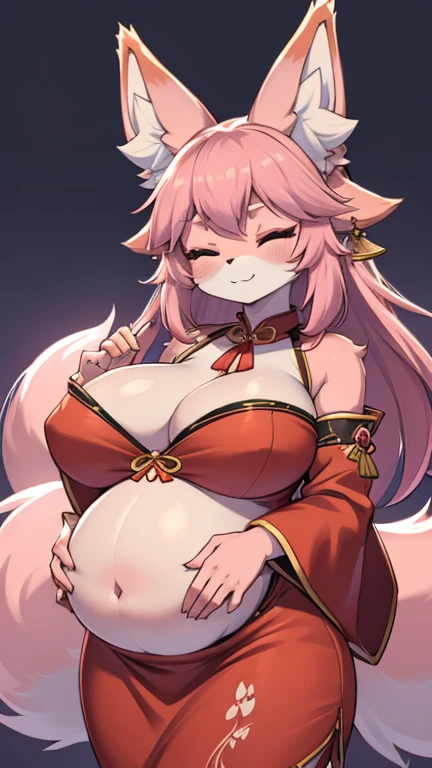 Very detailed content, high quality, masterpiece, beautiful, Yae Miko Fox,  With eyes closed,, hand（Fox Paw），full，Two fox ears，hairy，There are red patterns on the face，Pink skin，The pink haired one，Cheongsam costume，Big breasts，Navel，Open clothing，Pregnant