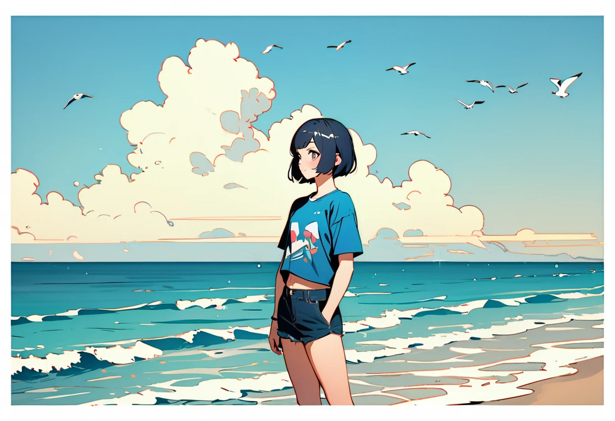 (best quality, masterpiece, ultra highres, ultra-detailed:1.2) ,fantasic illustration,girl walking on water,calm wave,summer sea,happily expression,hands in my pocket,refreshing breeze,seagull,cumulonimbus,Sunny,(art by ilya kuvshinov), (wide shot),BREAK (japanese,yo,cute,detailed face,(darkblue hair, wavy-short hair),eyebrows,small breasts),