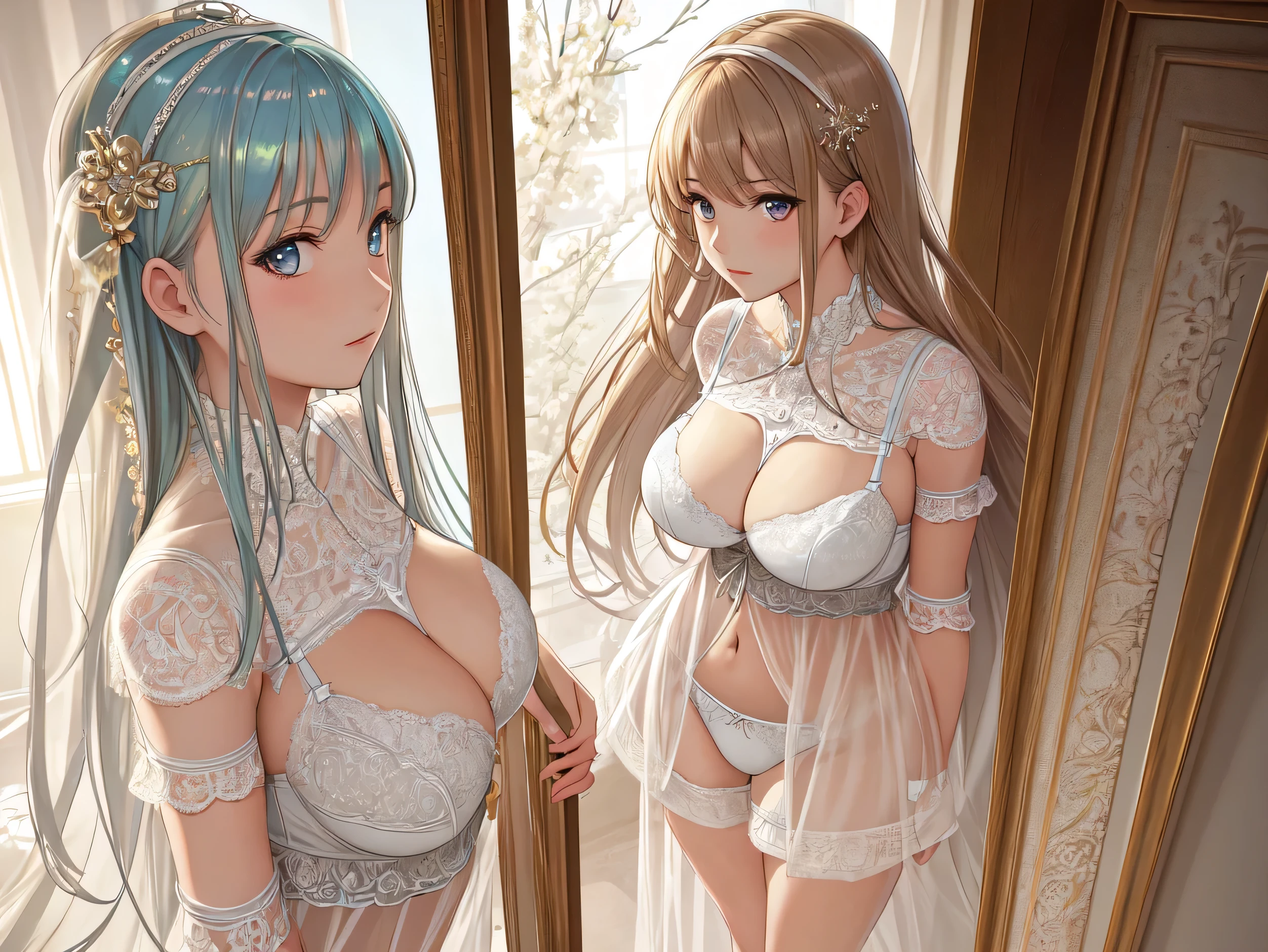 (Masterpiece), (Best Quality), (Extremely Detailed),(Illustration), (1 Girl), (lingerie), Standing, Looking at Viewer, (Interview), (Simple Background) ,Beautiful, detailed eyes, delicate beautiful face, floating, (high saturation), hair. Girl, anime waifu, looking at viewer, highly detailed, reflections transparent iridescent colors, long transparent iridescent RGB hair, beautiful holy girl, best quality, extremely detailed, sexy, (big breasts:1.2), waifu,