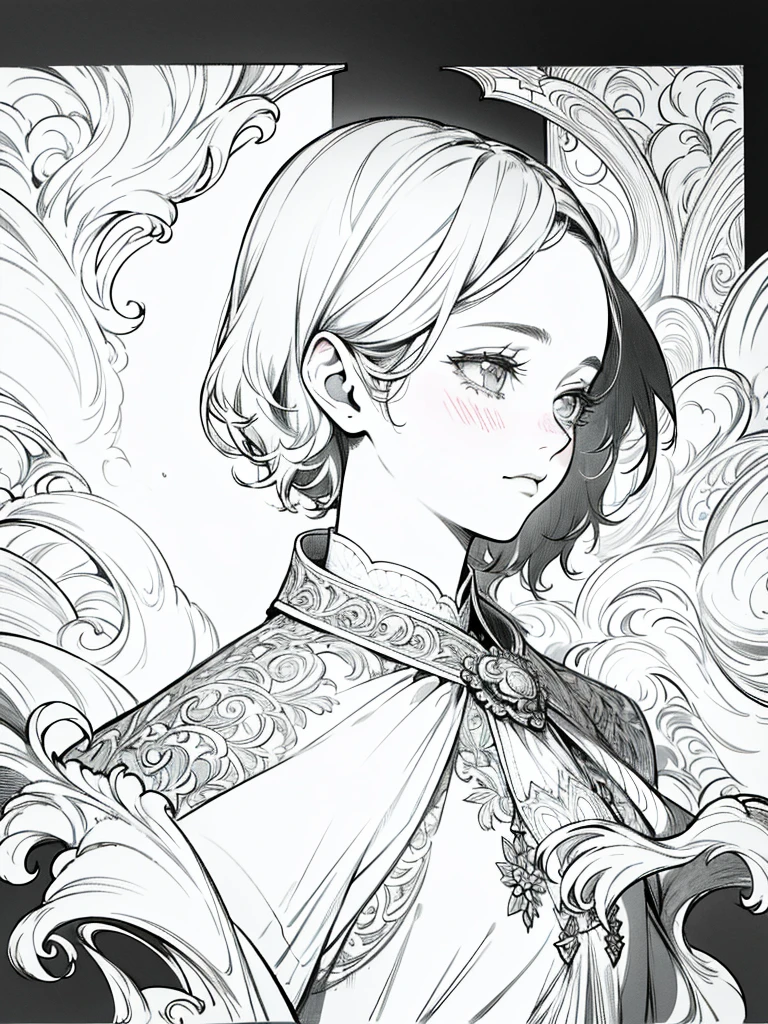 a handsome girl, short hair, lacrimal nevus, looking up, cape, dark circles under eyes, black hair, tie, dress, light and shadow, (best quality,4k,8k,highres,masterpiece:1.2),ultra-detailed,(realistic,photorealistic,photo-realistic:1.37),portrait, chiaroscuro, dramatic lighting, moody, cinematic, intricate details, elegant, refined, graceful, serene, solemn, pensive, melancholic