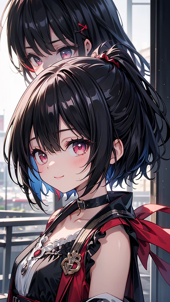 (masterpiece, highest quality, highest quality, (No text), Beautiful and aesthetic:1.2),No text,アニメ、BREAK,One Girl,Black Hair Girl short hair older sister choker Tree Eyes Beautiful eyes Red eyes cool smile Red and Black Black jacket mini skirt whole body In town